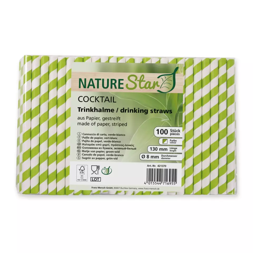 NATUREStar 421370, Cocktail Organic Paper Straws, FSC®-mix, green/white striped, ø 8 mm, 130 mm, image 5, gallery thumbnail