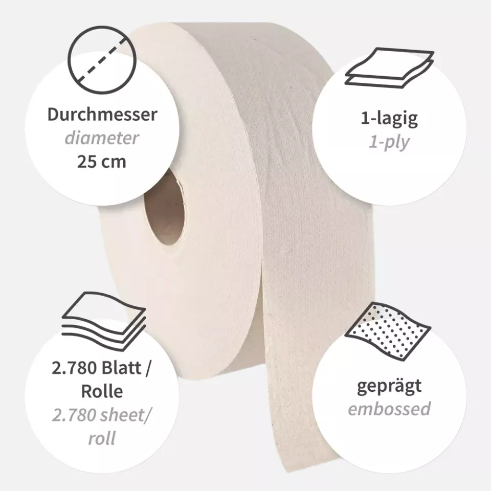 HygoClean 304310, Jumbo 1-Ply Recycled Paper Toilet Paper, Natural, image 3, gallery thumbnail