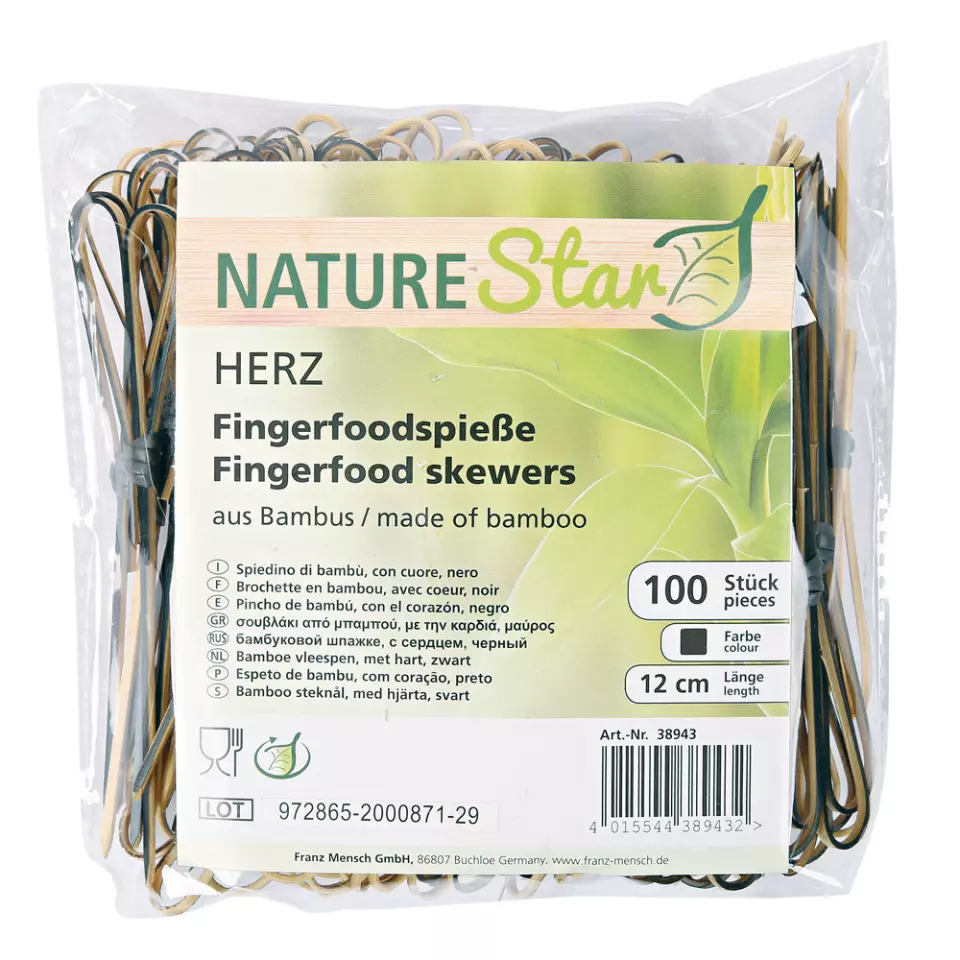NATUREStar 38945, Organic Heart Bamboo Fingerfood Skewers, 180 mm, Black