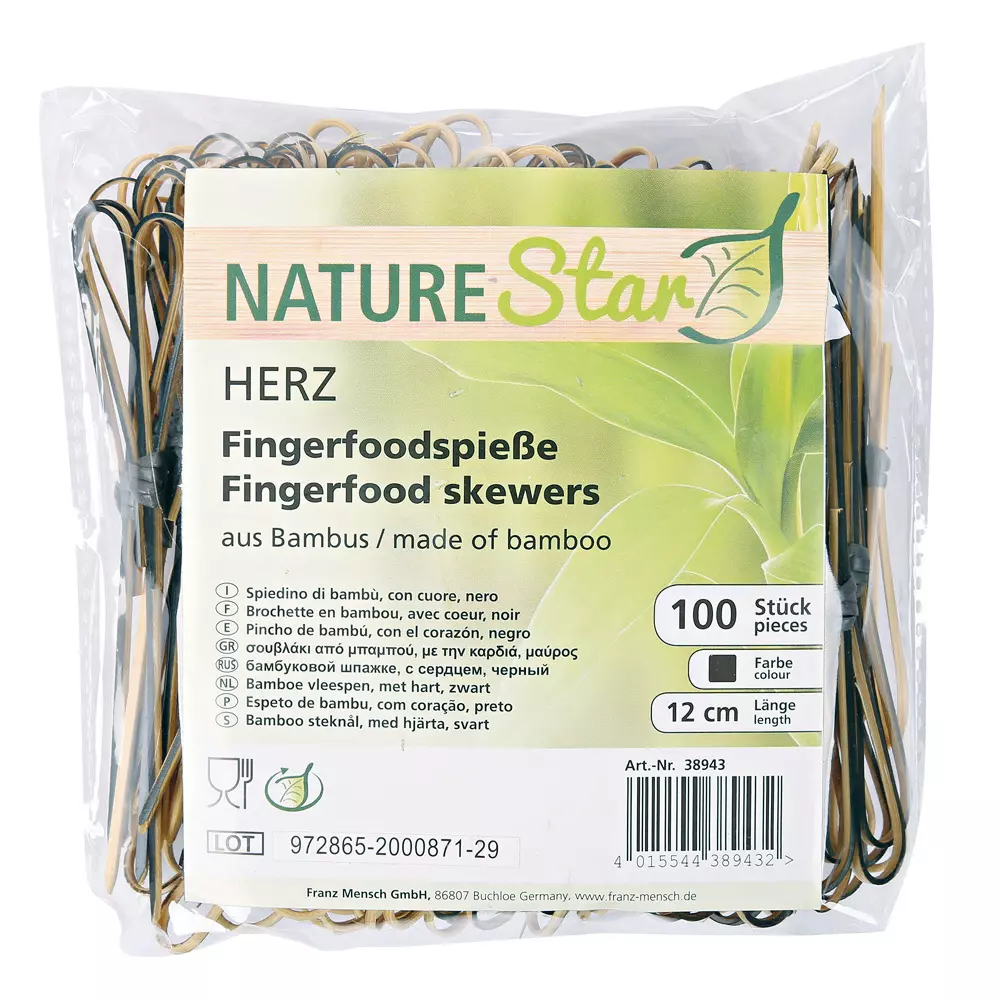 NATUREStar 38942, Organic Bamboo Heart Fingerfood Skewers, 90 mm, Black