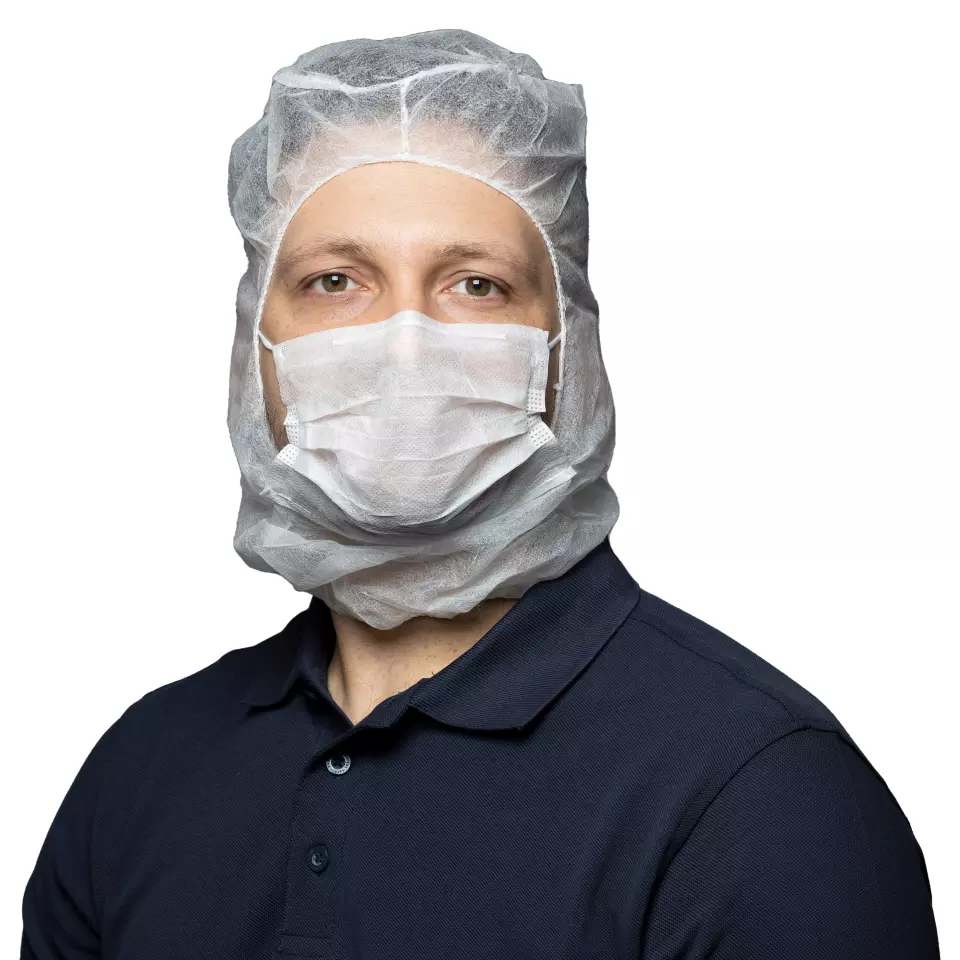 Nitras Medical 4020, Astro caps with integrated 2-ply face mask with nosepiece, white, image 1, gallery thumbnail