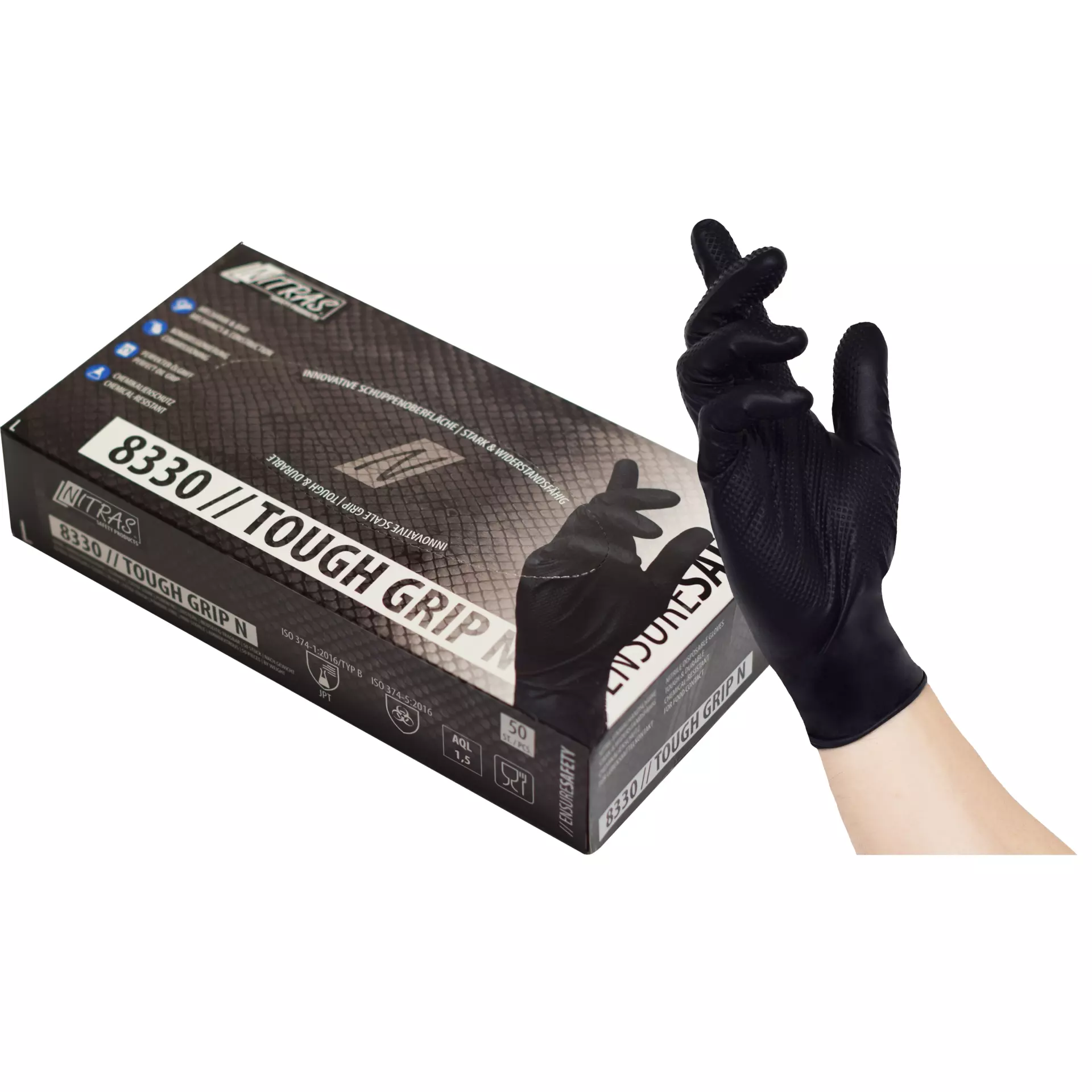 NITRAS 8330, TOUGH GRIP N Disposable Nitrile Gloves, Black, image 1