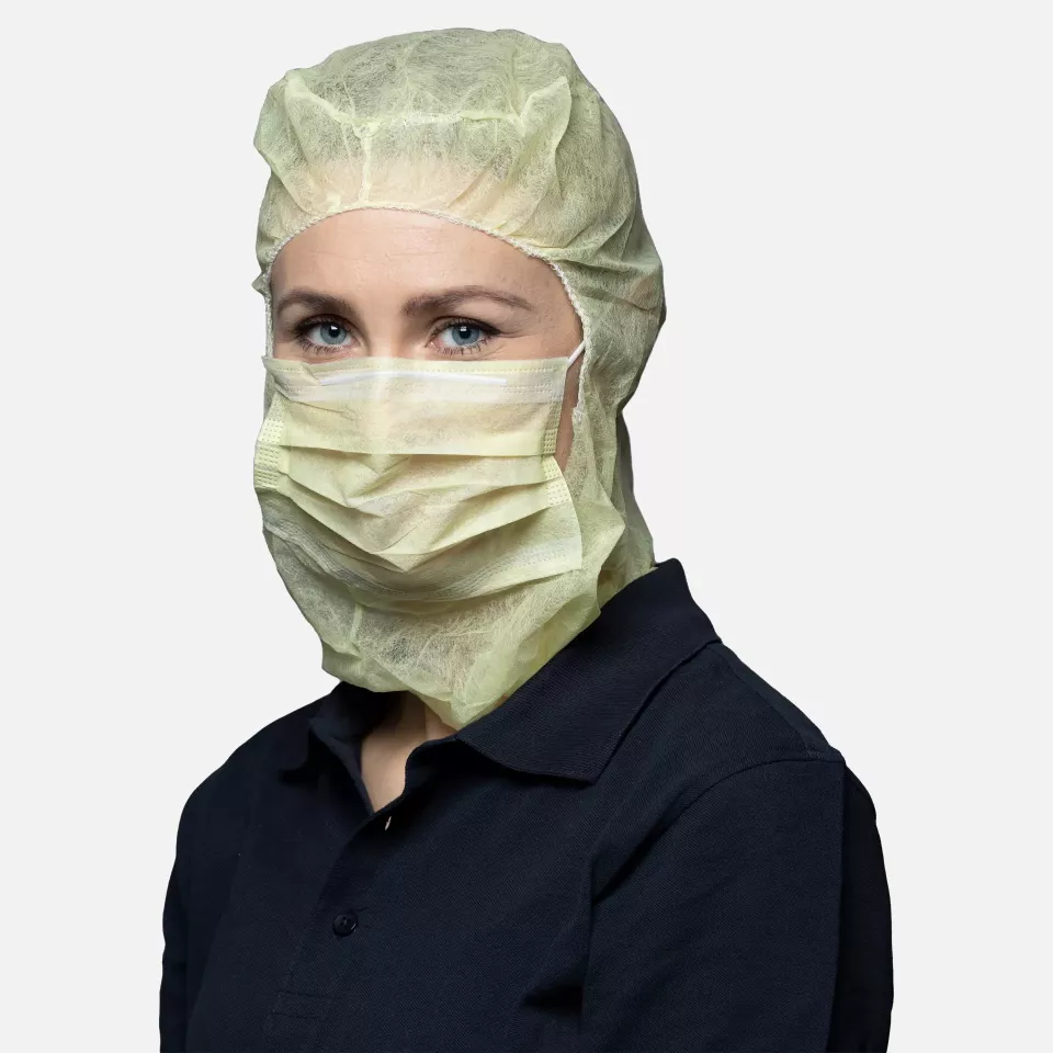 Nitras Medical 4023, Astro caps with integrated 2-ply face mask with nosepiece, yellow, image 1, gallery thumbnail