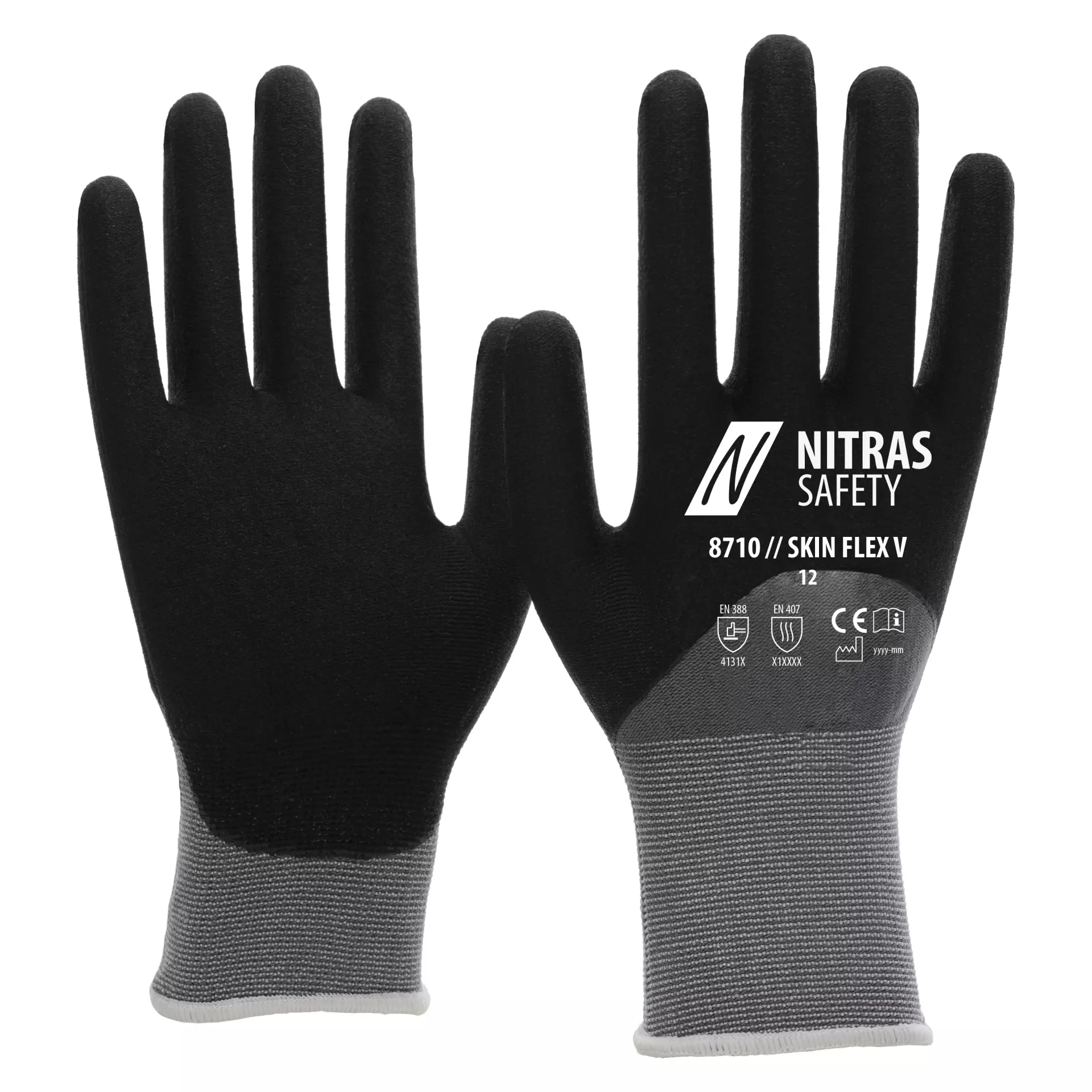 NITRAS 8710, SKIN FLEX V Knitted Gloves, Black, image 1