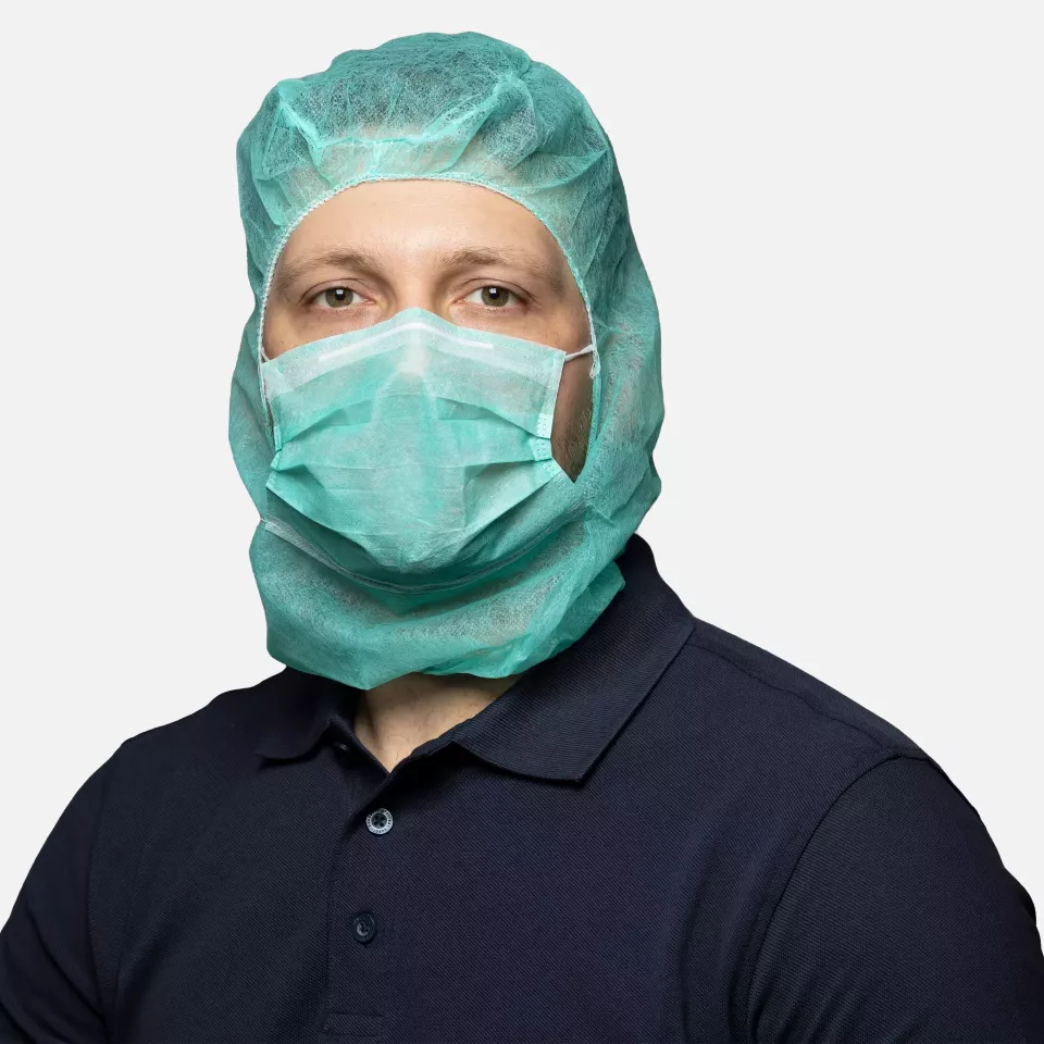 Nitras Medical 4021, Astro caps with integrated 2-ply face mask with nosepiece, green, image 1, gallery thumbnail