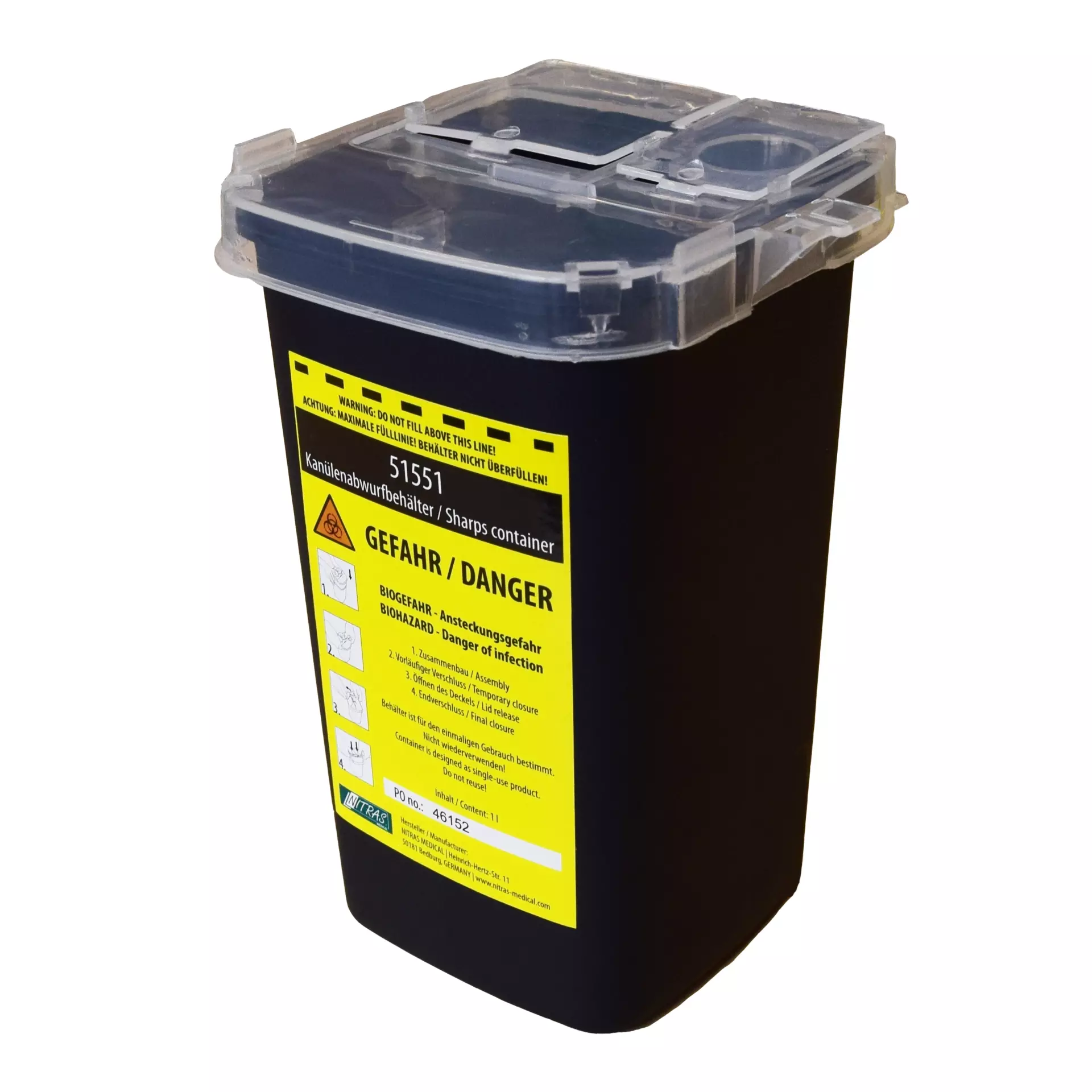 Nitras Medical 51551, Särmäisjäteastia, polyeteeni, musta, 1 000 ml, image 1