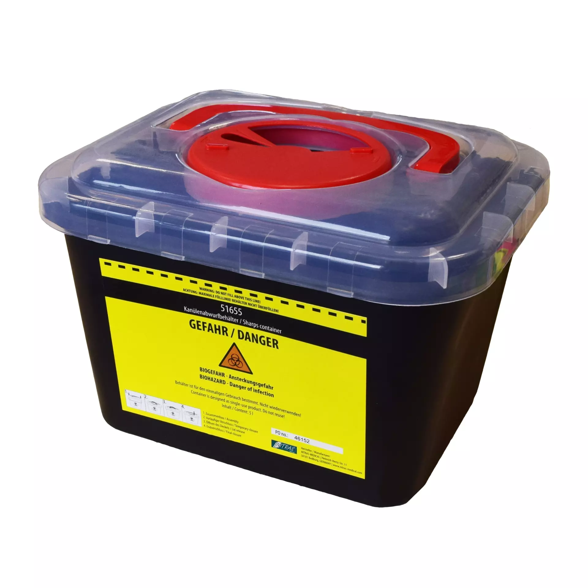 Nitras Medical 51655, Sharps container, polyethylene, black, 5,000 ml, image 1