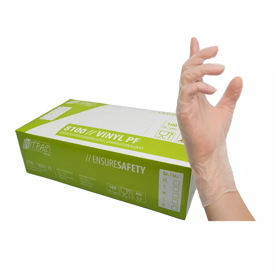 Nitras Medical 8100, VINYL PF vinyl disposable gloves, transparent, image 1, gallery thumbnail