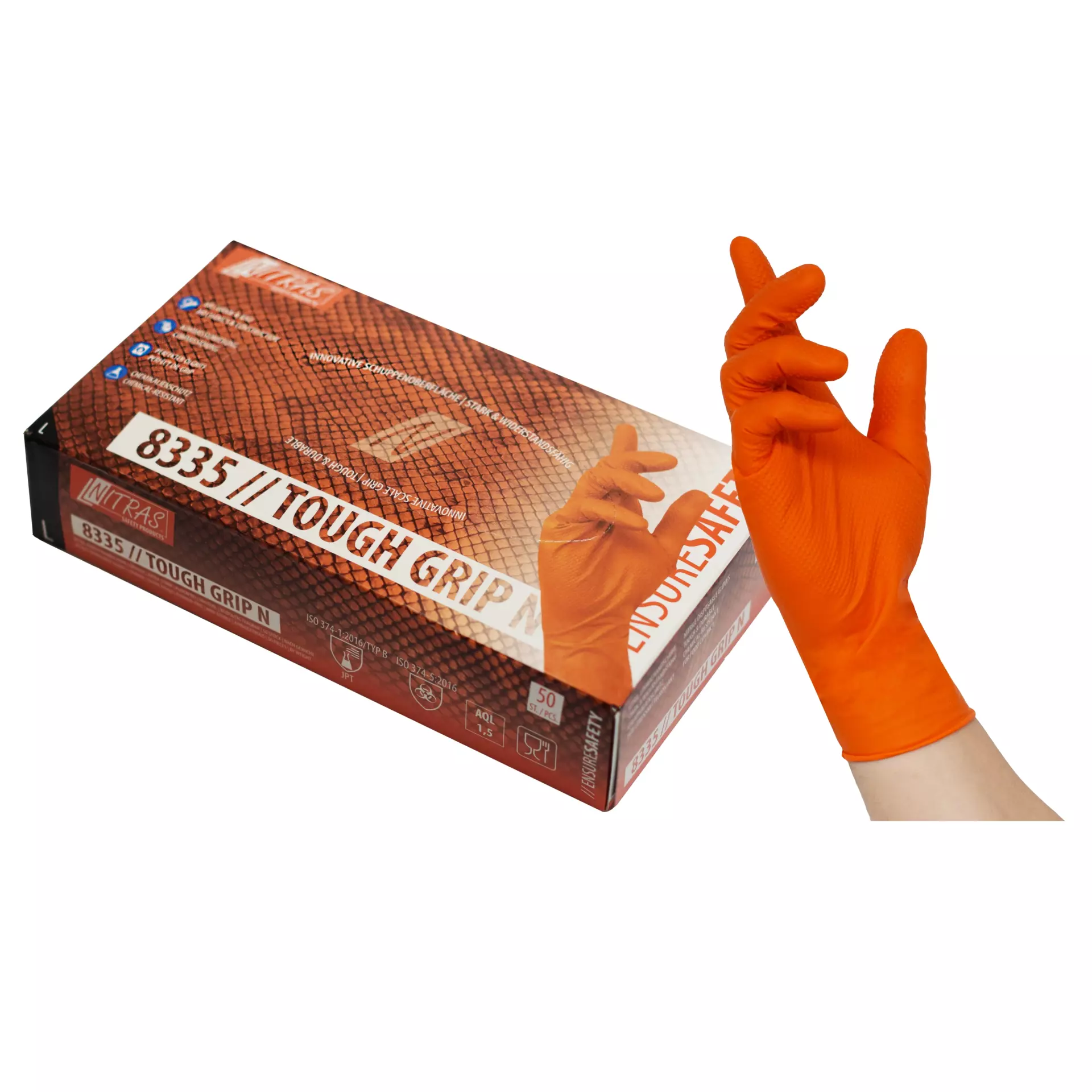 NITRAS 8335, TOUGH GRIP N Nitrile Disposable Gloves, Orange, image 1